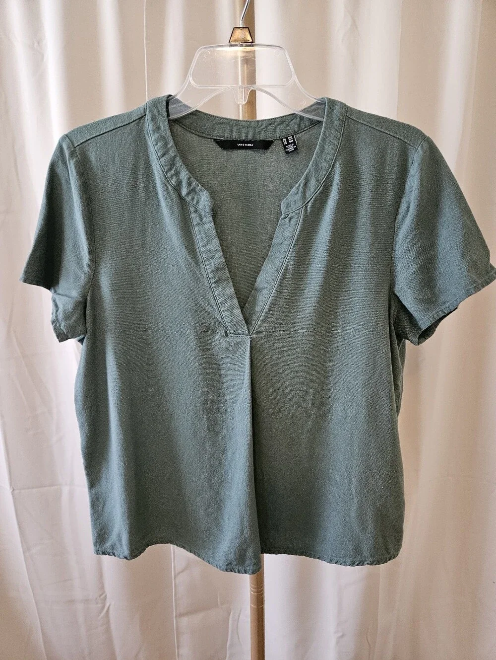 Vero Moda Green Linen Blend V-Neck Top Size M Petite